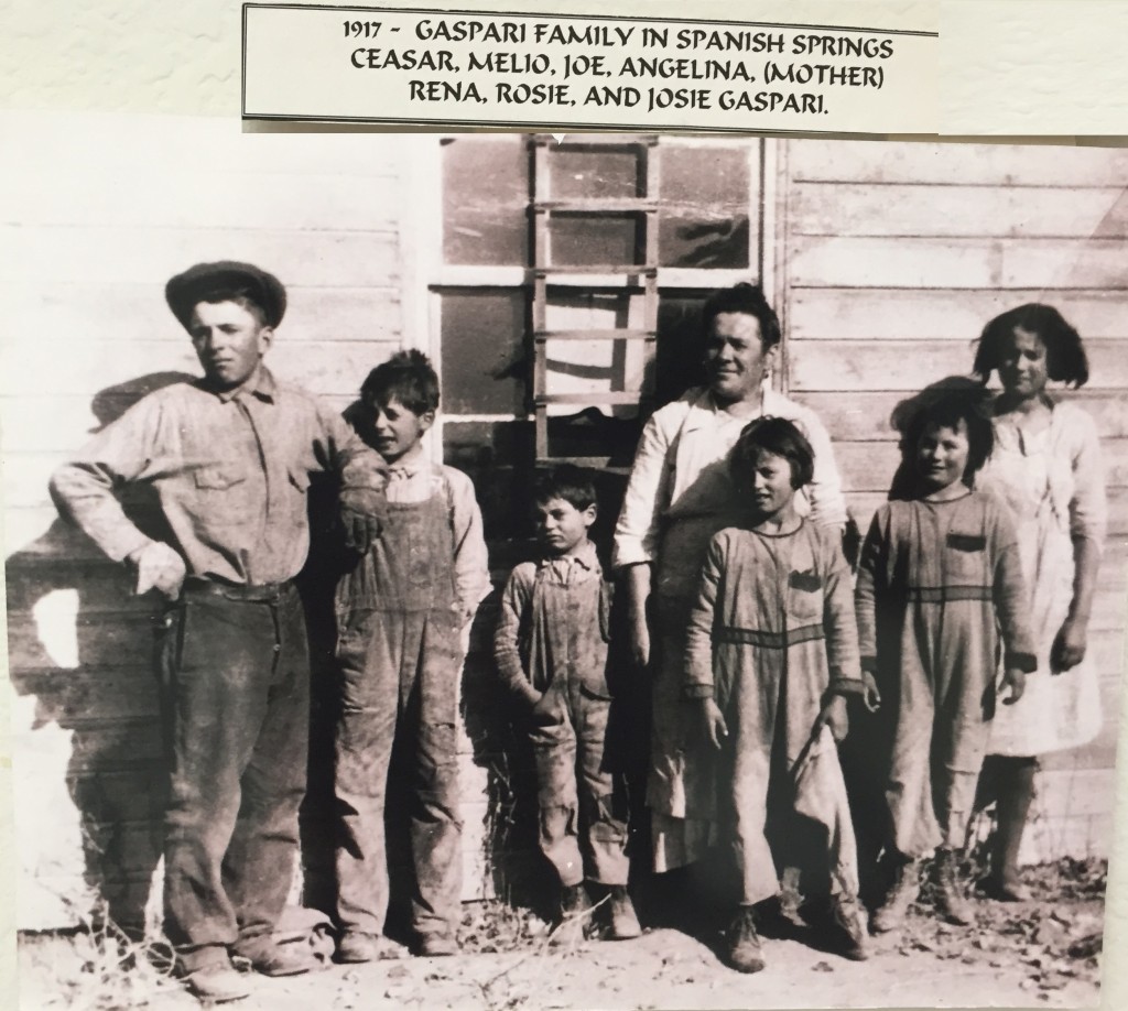 1917 - Gaspari Family in Spanish Springs. From left: Ceasar, Melio, Joe, Angelina, (Mother) Rena, Rosie, and Josie Gaspari.